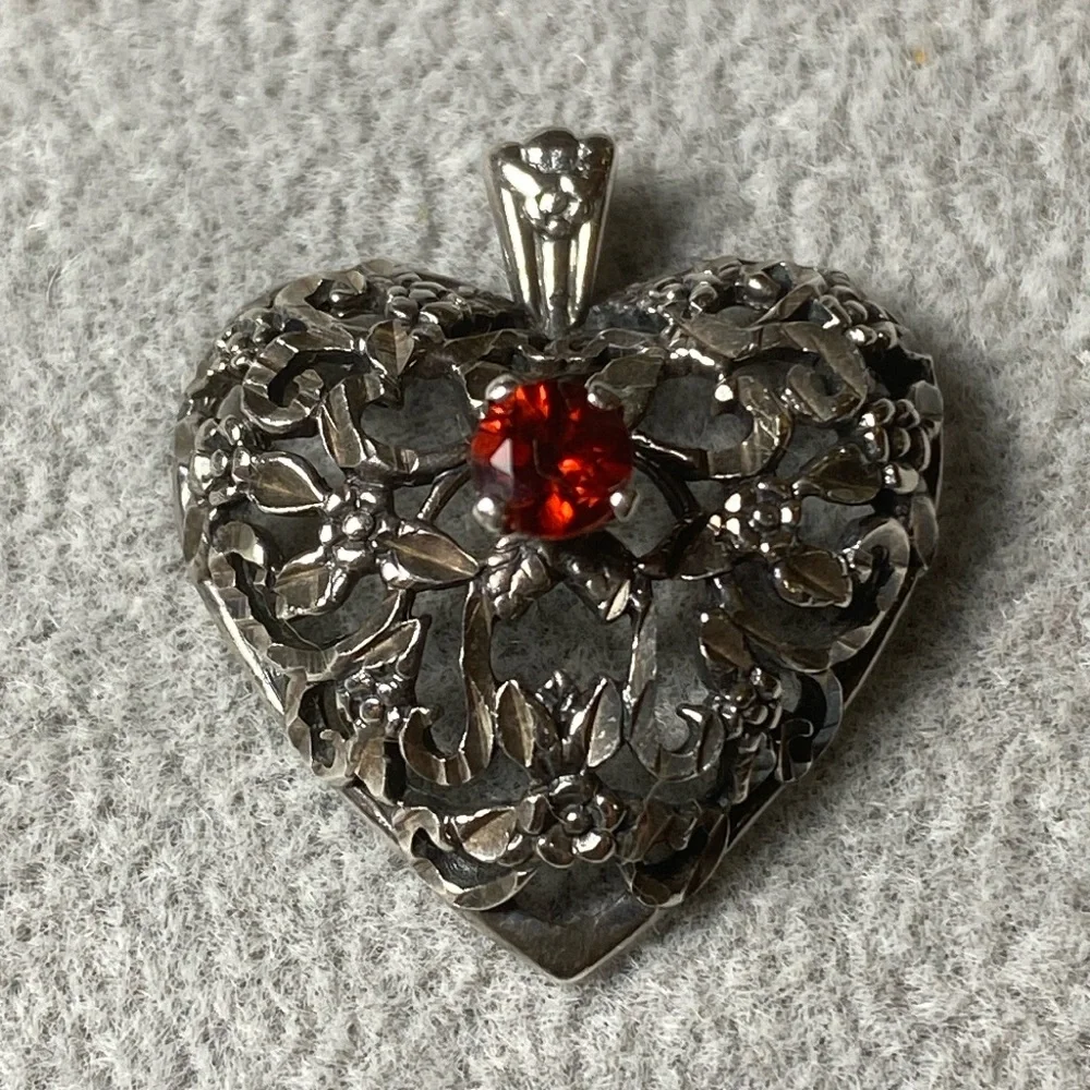 Vintage Sterling Silver & Red Garnet Filigree Heart Pendant Goth Victorian Witch